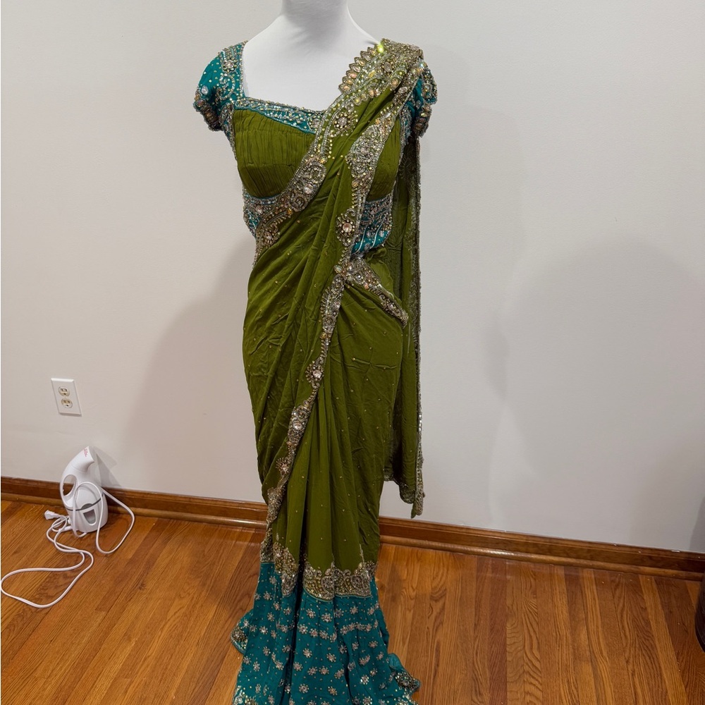 Green and Teal Embellished Sari